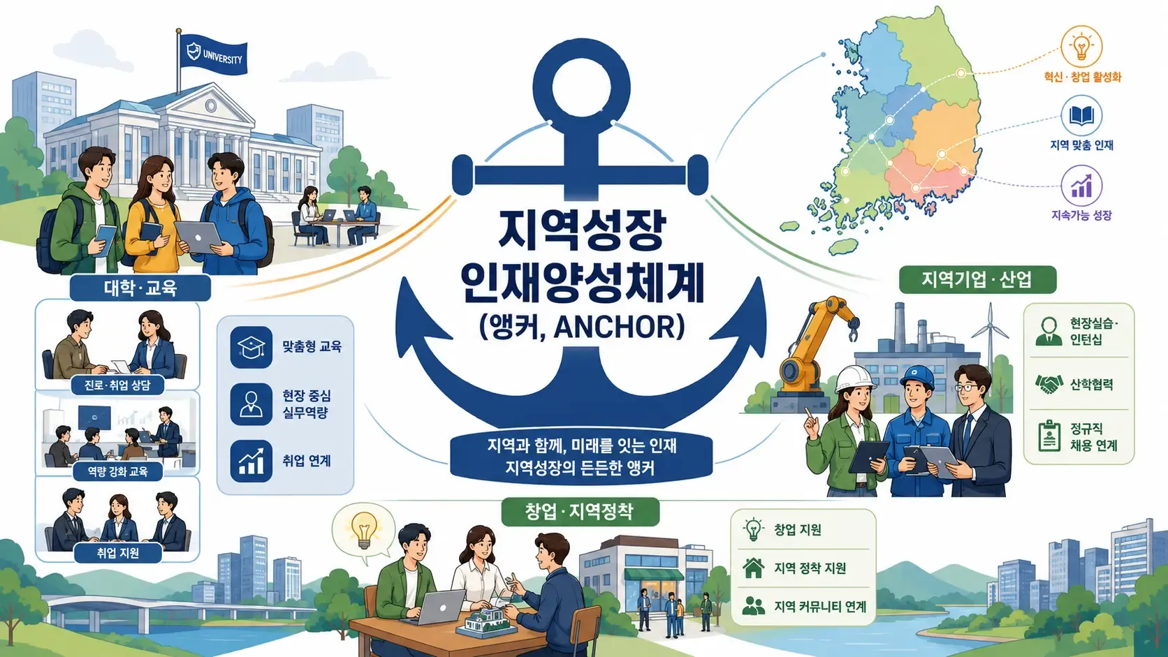 대학과 지역 산업을 연결해 인재양성 취창업 지역 정착으로 이어지는 앵커 사업 구조를 설명한 인포그래픽