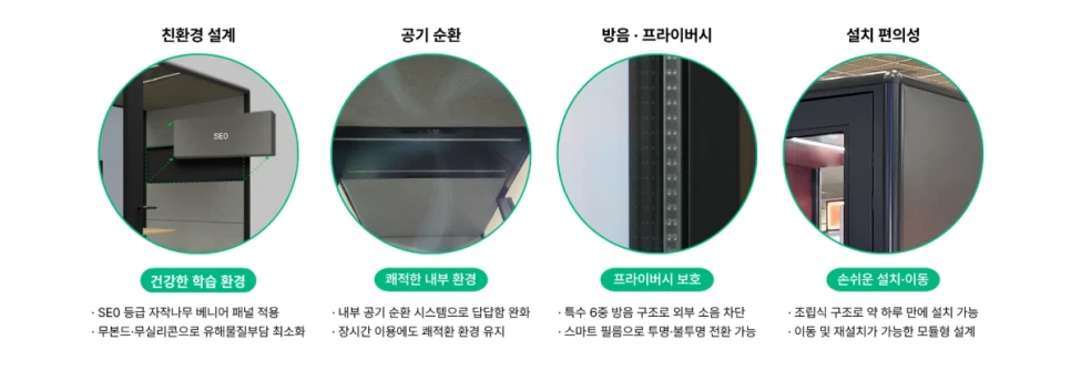 대학 도서관 방음부스에 적용되는 콜라박스 친환경 자재 환기 방음 프라이버시 설치 편의성