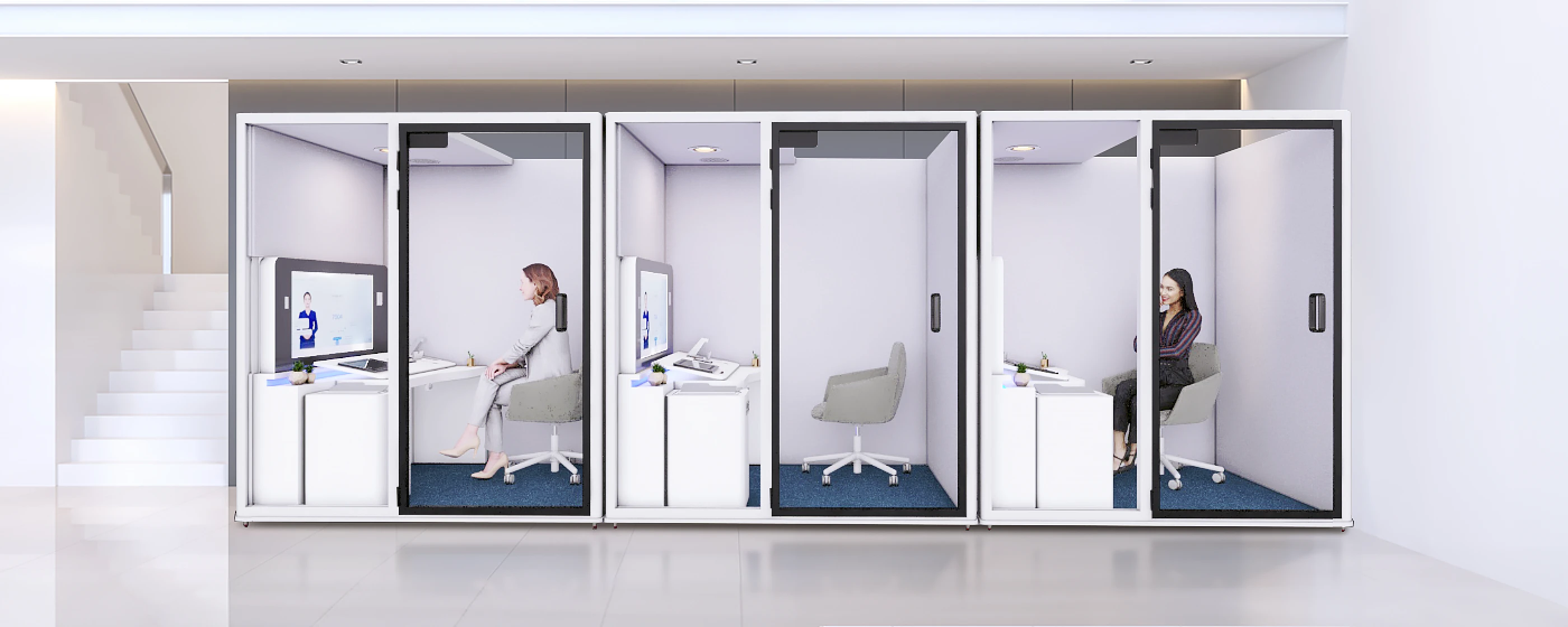 오픈형 사무실 공간에 설치된 방음부스와 폰부스를 활용한 상담 및 업무 공간 환경