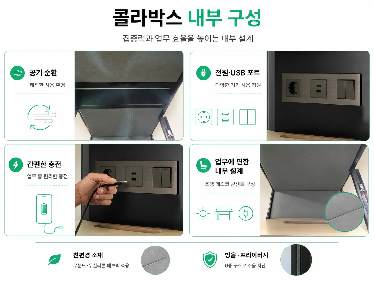 사무실 폰부스 내부 조명 콘센트 환기 시스템